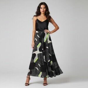 Studio EY Black Geometric Chiffon Maxi Skirt Womens Medium Pull On Elastic Waist